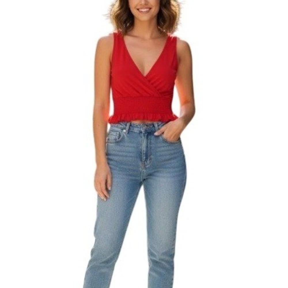 Lulus‎ Women's Red Smocked Cropped Ruffle Trim V Neck Tank Top Size S